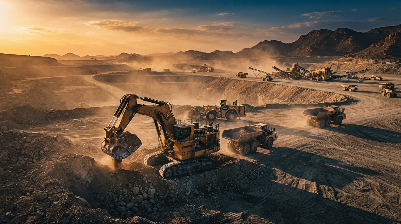 موقع تشغيل معدات ثقيلة عند الغروب مع حفّارات وشاحنات نقل
